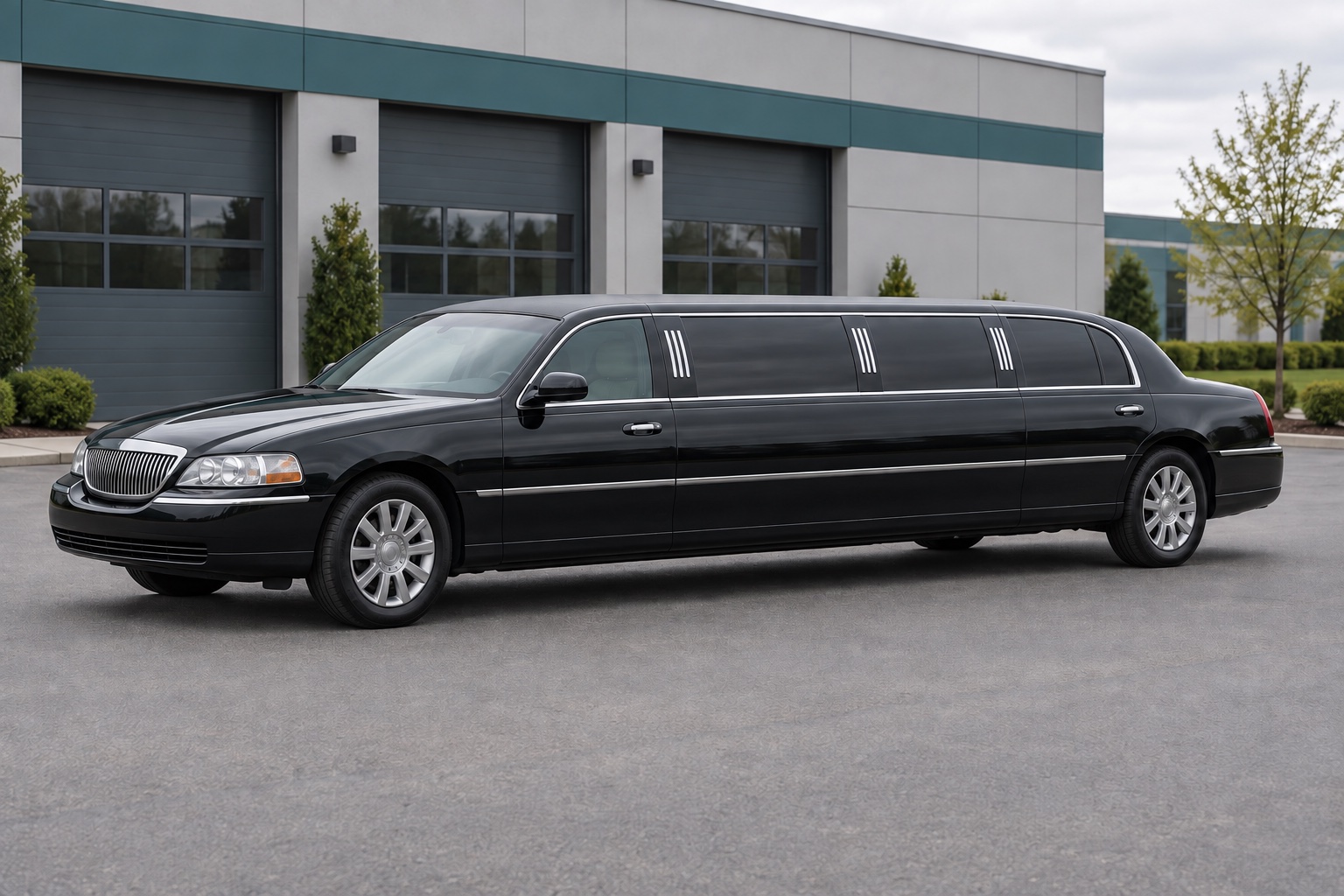 Black stretch limousine parked at a professional vehicle depot