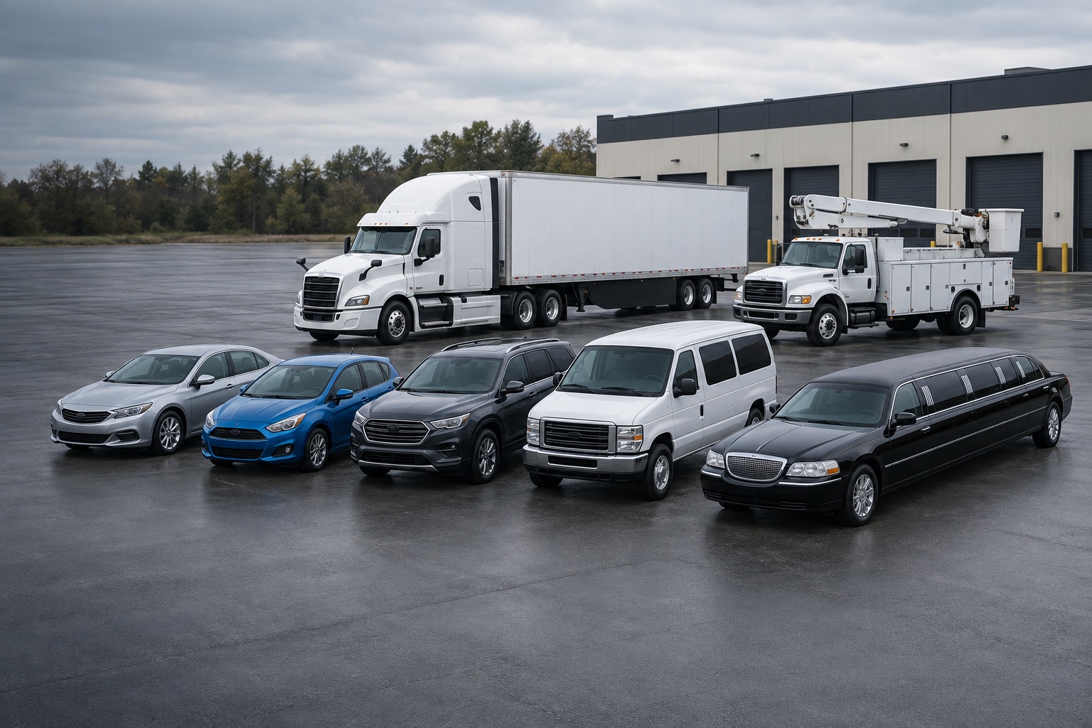 Passenger cars, an SUV, a van, a stretch limousine, a commercial truck, and a specialty utility vehicle
